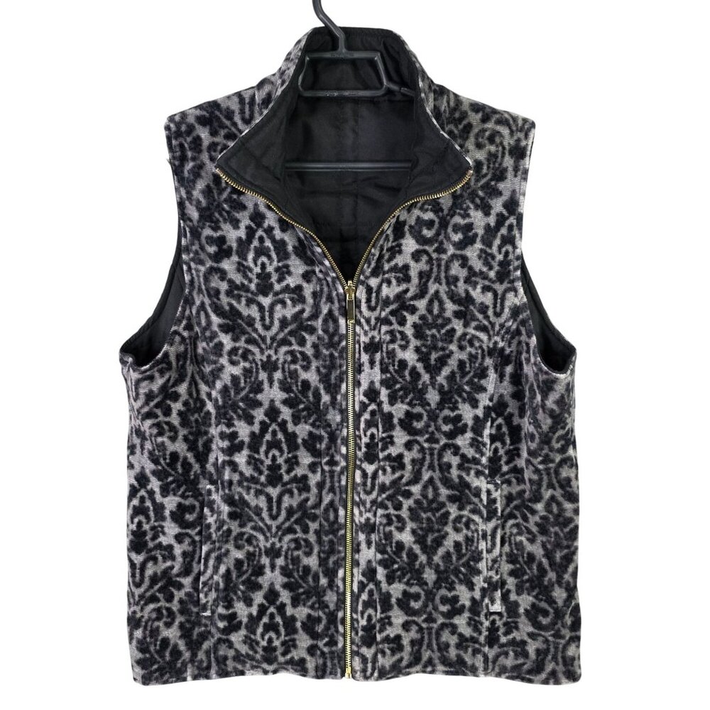 Womens Jones New York Reversible Black & Gray Damask Vest Jacket Full Zip XL